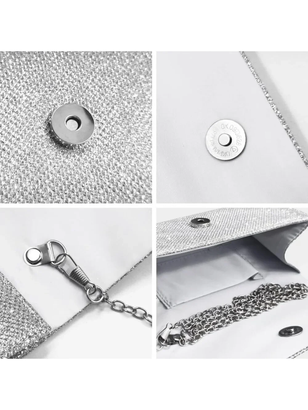 Women's Silver Glitter Clutch Purse Evening Bag With Chain For Wedding Handbag